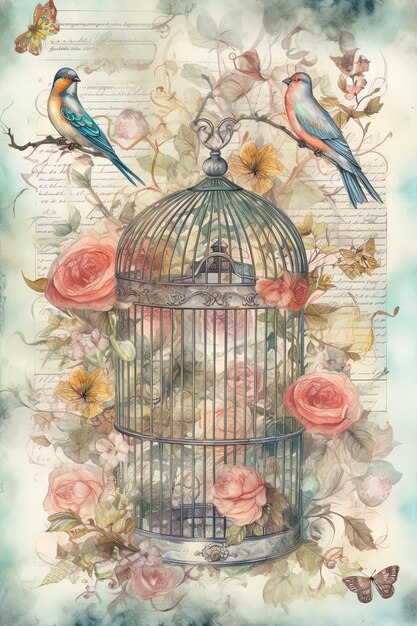 a bird cage with flowers and birds in it