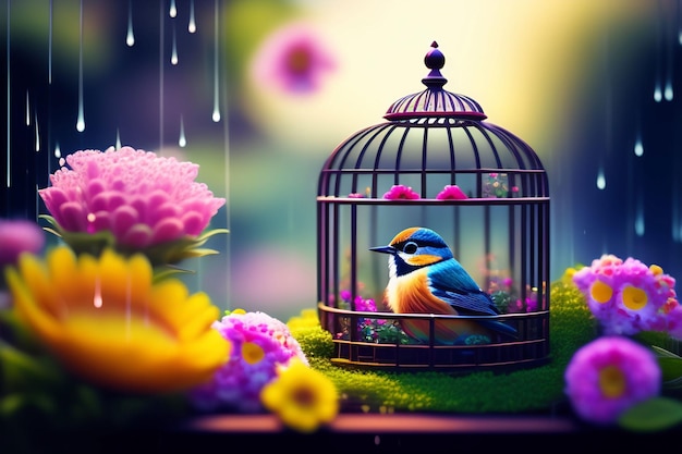 A bird in a cage with flowers on the bottom