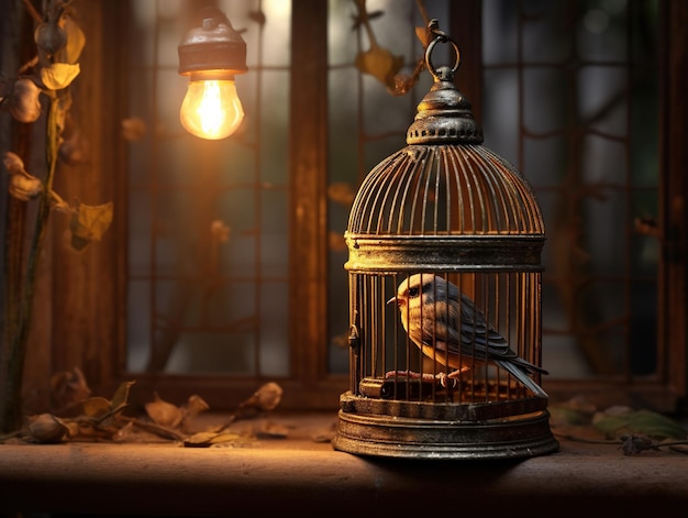 bird cage with small bird in his house