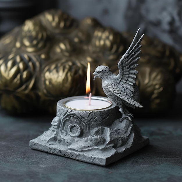 A bird on a candle holder with a bird on it