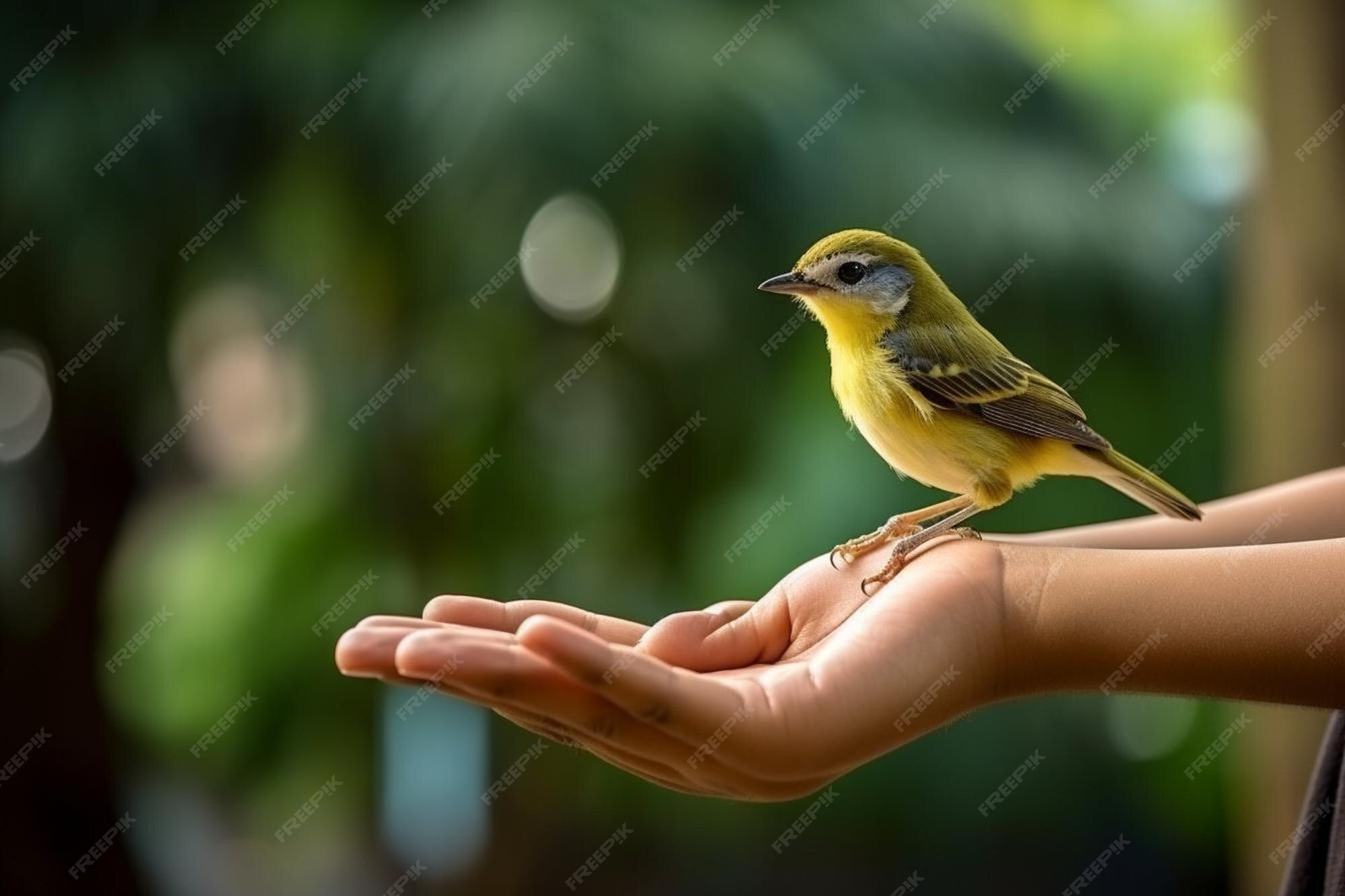 Premium Photo | Bird on children hand in the park