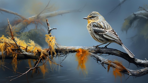 bird in the cloudy autumn day gray and yellow