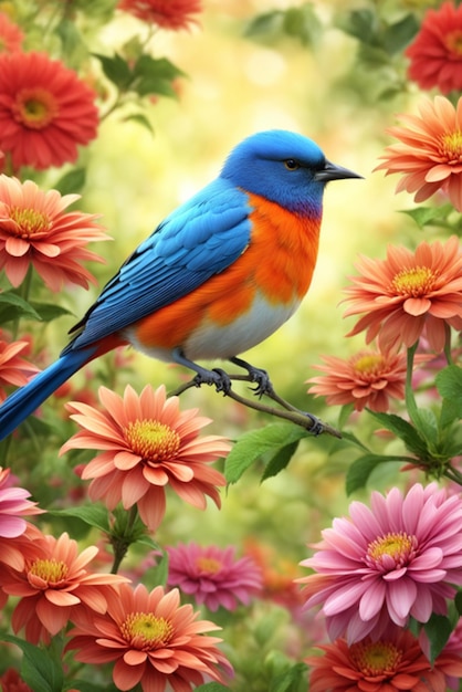 Bird in colorful flowers background