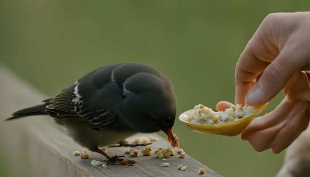 Photo a bird eating corn from a persons hand