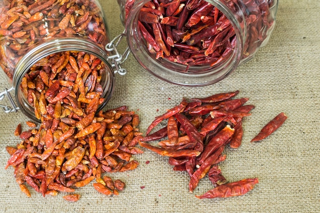 Bird eye chilipeper ook wel cayennepeper genoemd, in glazen potjes