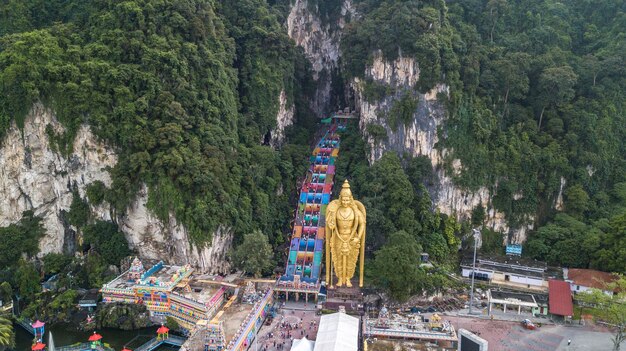 Bird eye view or aerial shot of rainbow stairs at Batu Caves Malaysia Drone photo