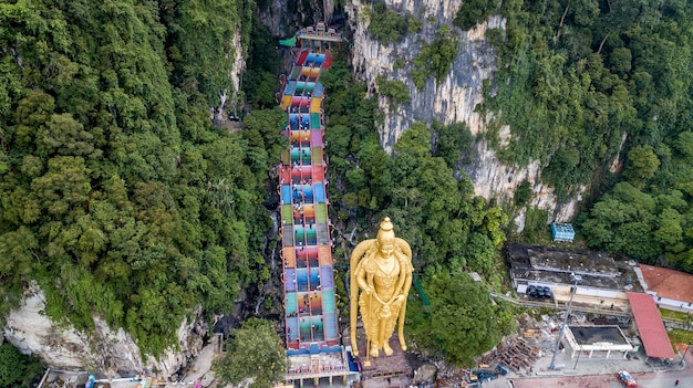 Bird eye view or aerial shot of rainbow stairs at Batu Caves Malaysia Drone photo