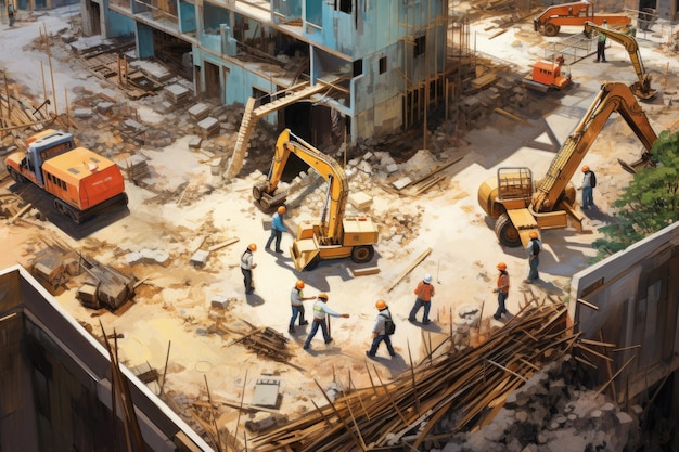 Bird Eye View of a Bustling Construction Site in the Heart of the Birds eye view of a bustling cons