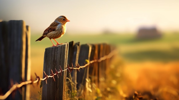 Foto un uccello su un recinto con un tramonto sullo sfondo