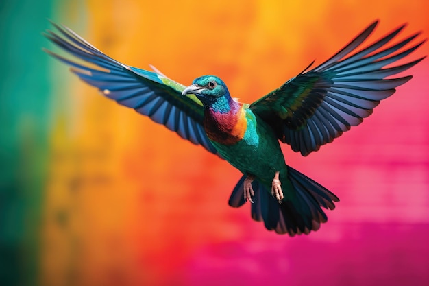 A bird in flight against a colorful backgroun