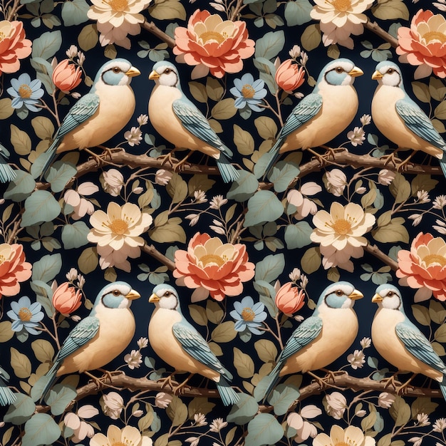 새와 꽃 테마 원활한 패턴 원활한 패턴 생성 ai