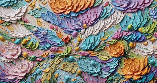 벽지 배경을 위해 두꺼운 임파스토 페인팅 스타일의 새와 꽃