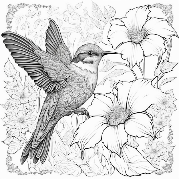 bird and flowers coloring page black and white for coloring book