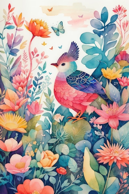 Bird and flowers garden Watercolor stylized illustration Generative AI