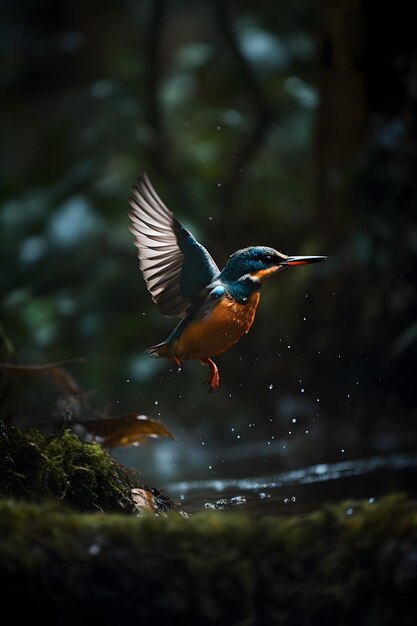 A bird flying in the air with a black background