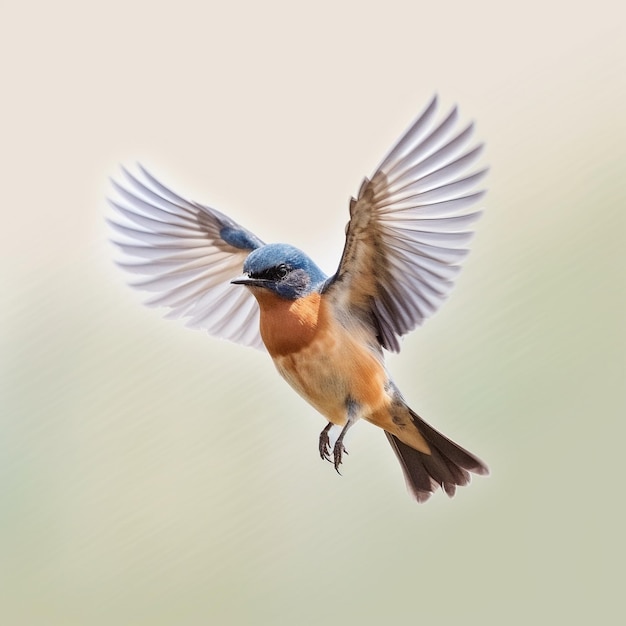 a bird flying in the air with its wings spread out.