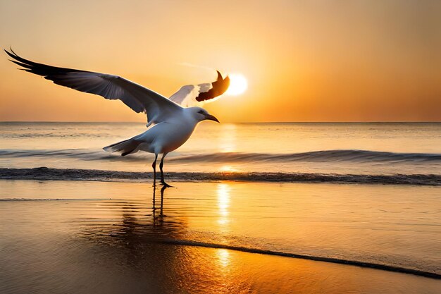 A bird flying in the air with the sun setting behind it.