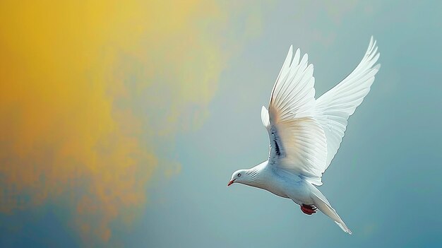 a bird flying in the air with a yellow background