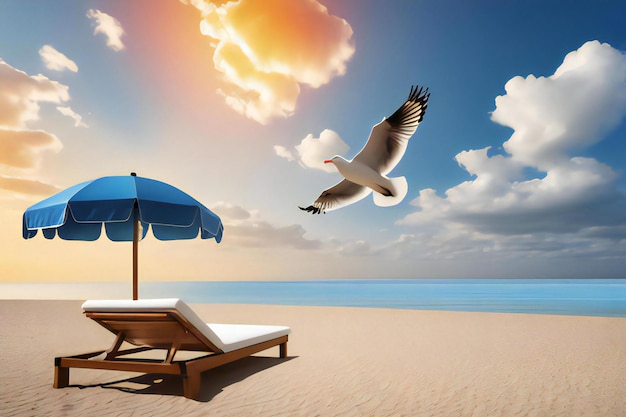 a bird flying over a beach chair and a blue umbrella