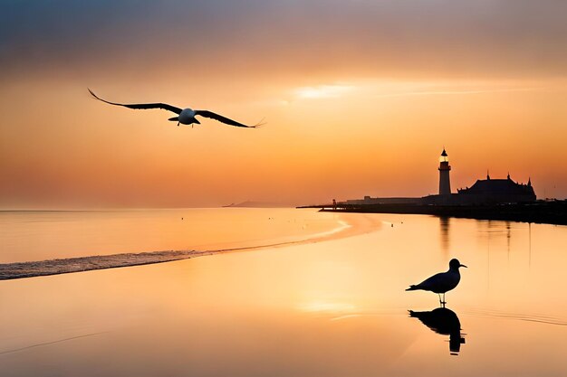 a bird flying over a beach with a sunset in the background