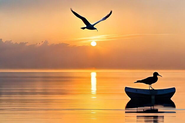 A bird flying over a boat with a sunset in the background