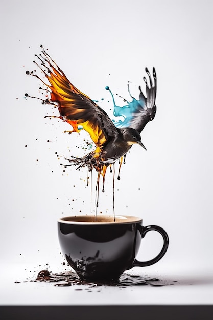 A bird flying over a coffee cup with splashes of paint.