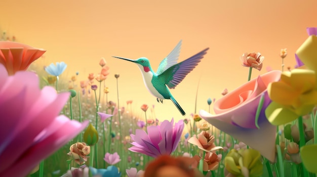 A bird flying over a flower garden