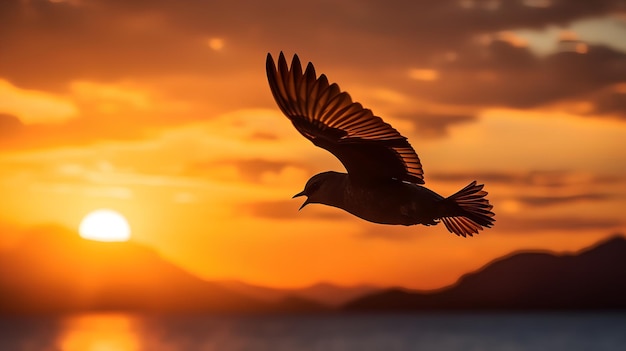 A bird flying in front of a sunset