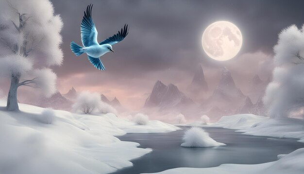 Photo a bird flying over a frozen lake with a full moon in the background