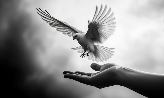 A bird flying over a hand with the word peace on it