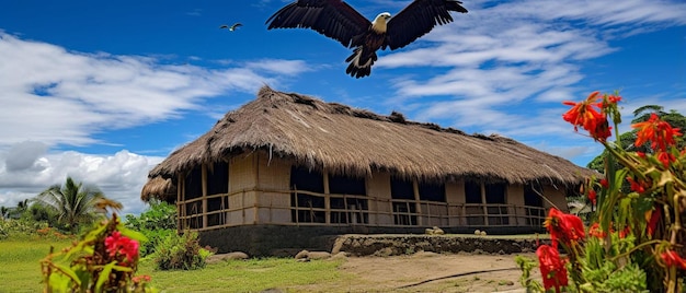 Photo a bird flying over a house with a blue sky in the background