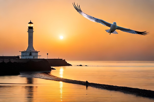 a bird flying over a light house with a sunset in the background.