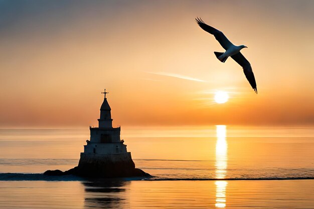 a bird flying over a lighthouse with a cross on it.