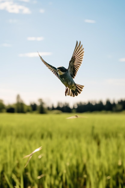 a bird flying over a lush green field