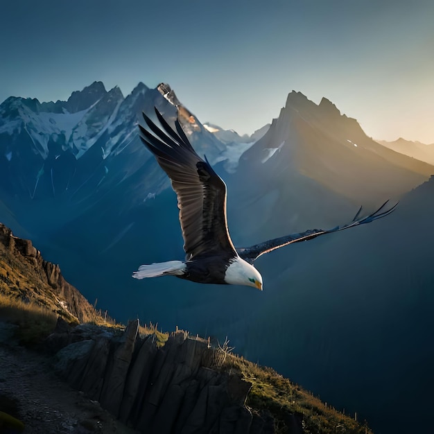 A bird flying over a mountain with mountains in the background.