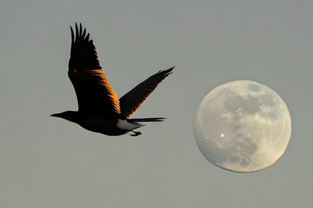 Bird flying in the night sky with the moon behind her copy space for banner