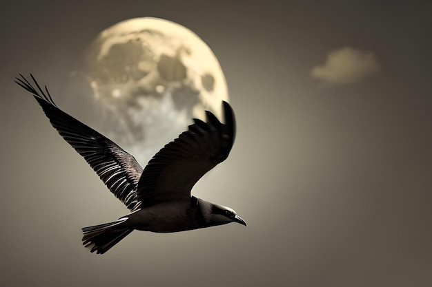 Bird flying in the night sky with the moon behind her copy space for banner