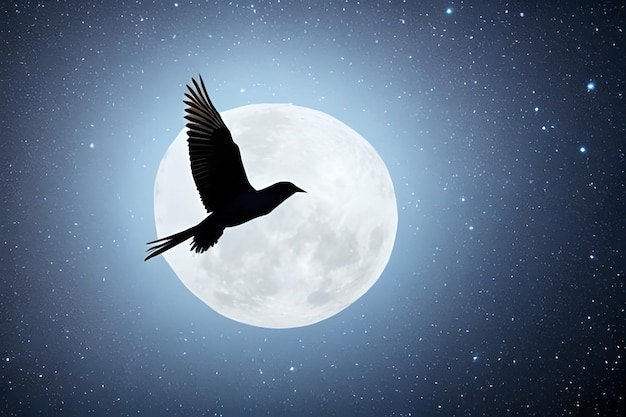 Bird flying in the night sky with the moon behind her copy space for banner