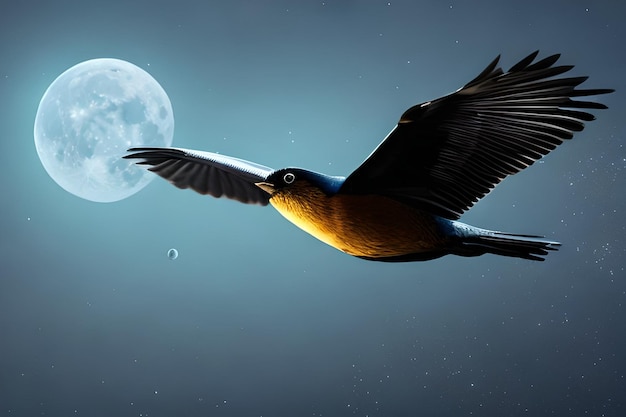 Bird flying in the night sky with the moon behind her copy space for banner