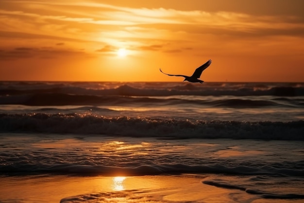 A bird flying over the ocean at sunset