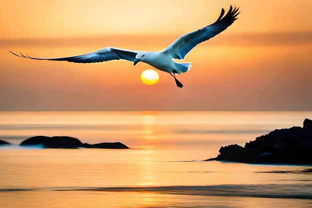 A bird flying over the ocean with the sun behind it