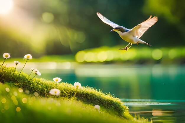 Photo a bird flying over a pond with flowers in the background