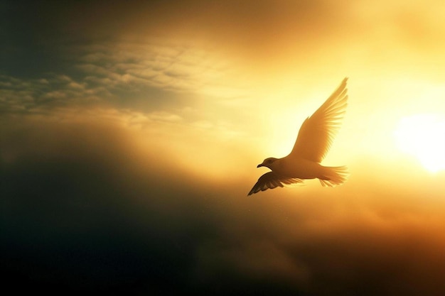 a bird flying in the sky at sunset