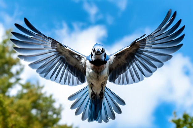 A bird flying in the sky with its wings spread