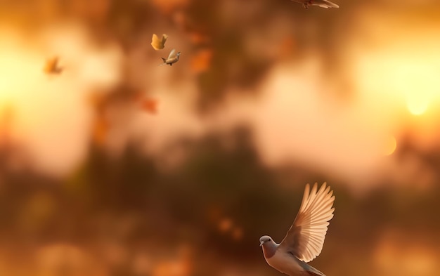 Photo a bird flying in the sky with leaves on the background