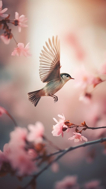 A bird flying in the sky with pink flowers.