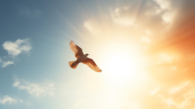 a bird flying in the sky with the sun behind it