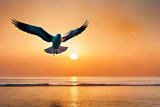 A bird flying in the sky with the sun behind it