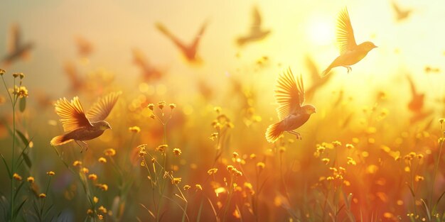 a bird flying in the sunset with flowers in the background