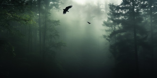 Bird Flying Through Foggy Forest